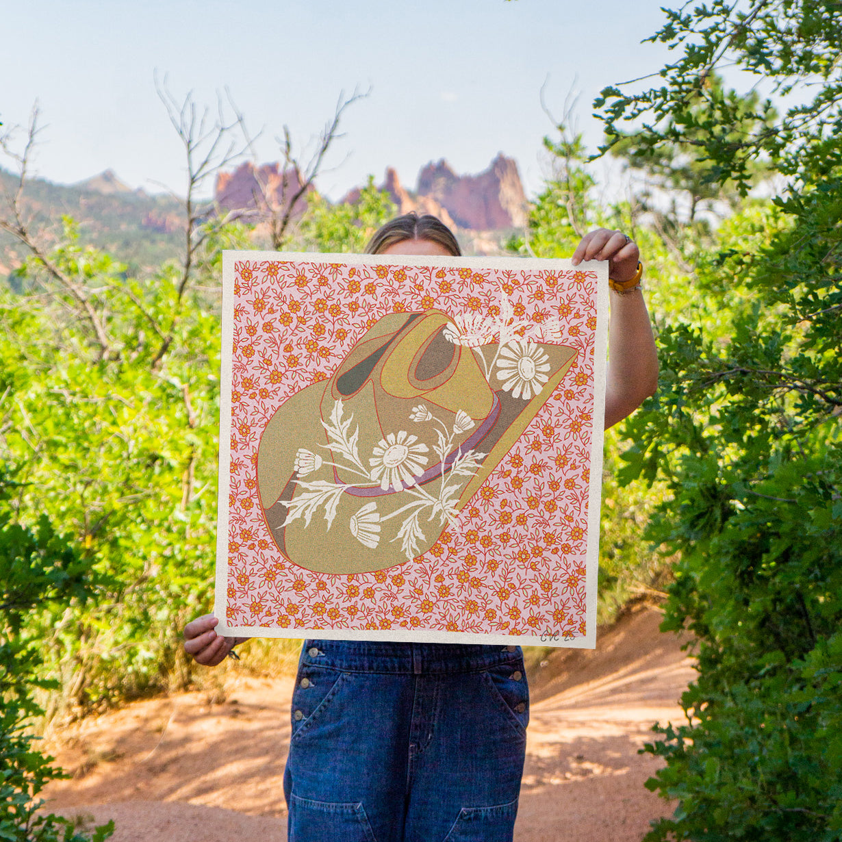 Brown and Pink Cowboy Hat Floral Art Print