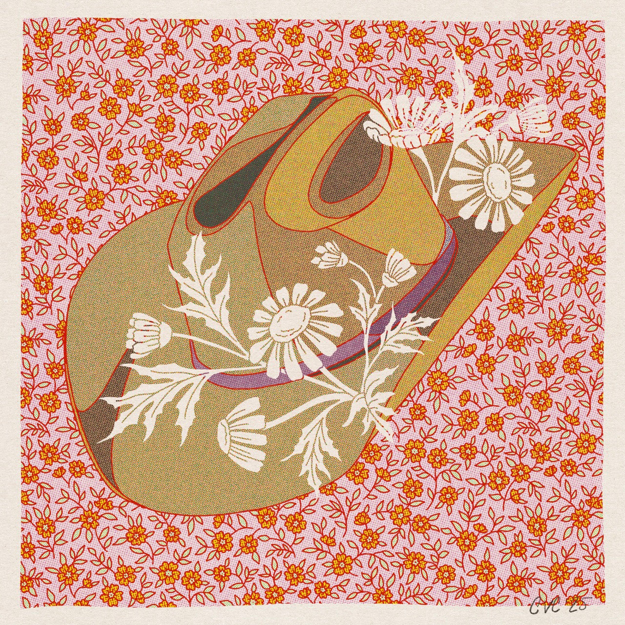 Brown and Pink Cowboy Hat Floral Art Print