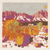 Desert Mountain landscape. Small, black dotted sky and yellow circle in top right corner to represent sun. Muted red mountains with plum colored shadows across the background. The front of the range is cream colored. Dark green foliage in the middle ground. Mustard yellow and light green mesquite plants in the cream colored foreground along with mustard yellow and plum purple boulders, small rocks, and small foliage. Half-tone texture throughout print made from dots of cyan, magenta, and yellow.