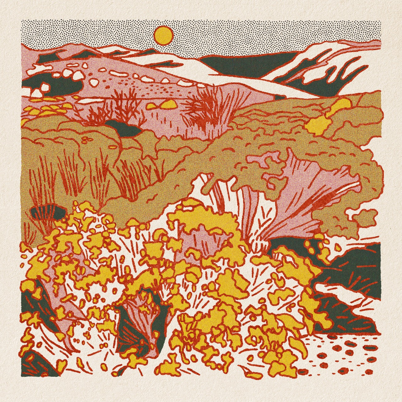 Desert Mountain landscape. Small, black dotted sky with a yellow circle in the center-left to represent sun. In background, mountains are white and outlined in red. Dark green creates shadows throughout mountains. In front of mountains are hills colored with red half-tone texture. White and yellow oval shapes depict rocks. Darker red shrubs on hills. In middle ground, green moss and shrubs with a few red shrubs. In foreground, abstract shapes depict desert foliage. Half-tone texture throughout.