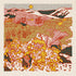 Desert Mountain landscape. Small, black dotted sky with a yellow circle in the center-left to represent sun. In background, mountains are white and outlined in red. Dark green creates shadows throughout mountains. In front of mountains are hills colored with red half-tone texture. White and yellow oval shapes depict rocks. Darker red shrubs on hills. In middle ground, green moss and shrubs with a few red shrubs. In foreground, abstract shapes depict desert foliage. Half-tone texture throughout.